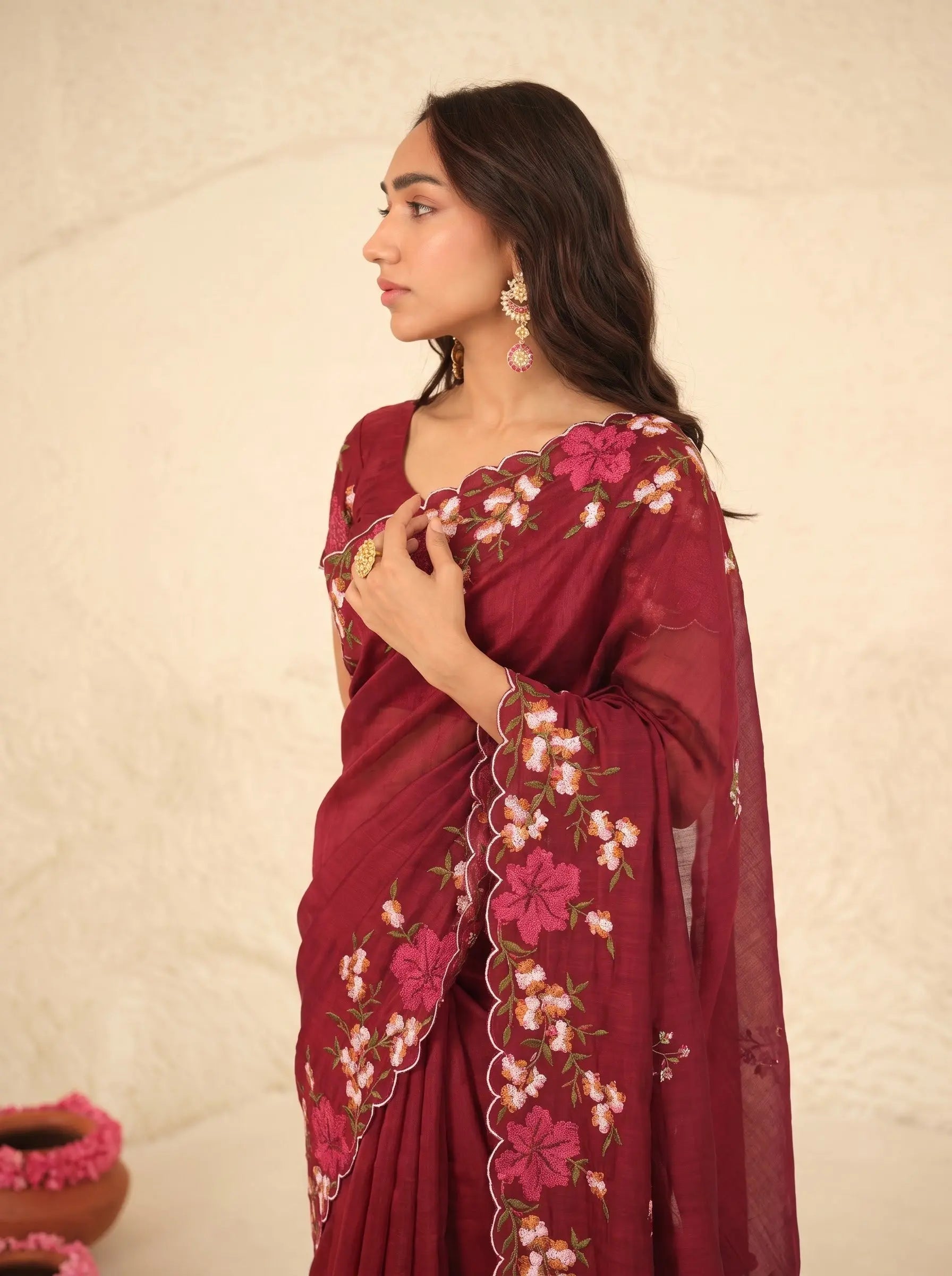 Maroon Floral Embroidered Silk Saree - Drape View - Kalyanja KS163